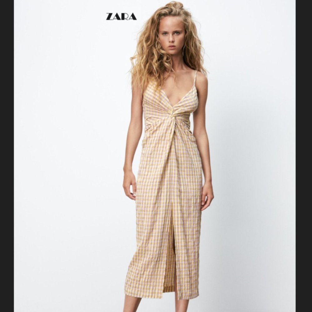 Zara Gingham Front Twist Midi Dress with Front Slit